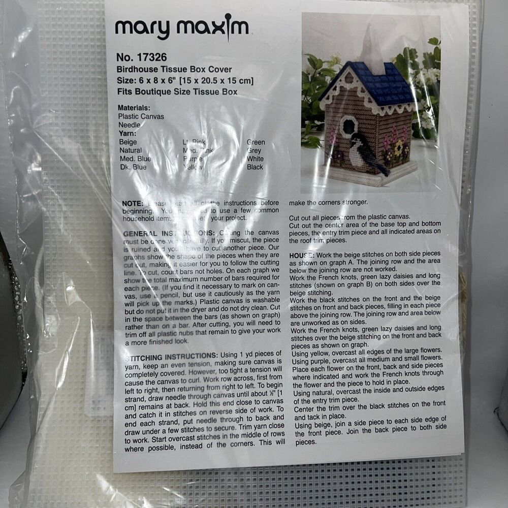 Mary Maxim Birdhouse Tissue Box Cover Plastic Canvas Kit # 17326